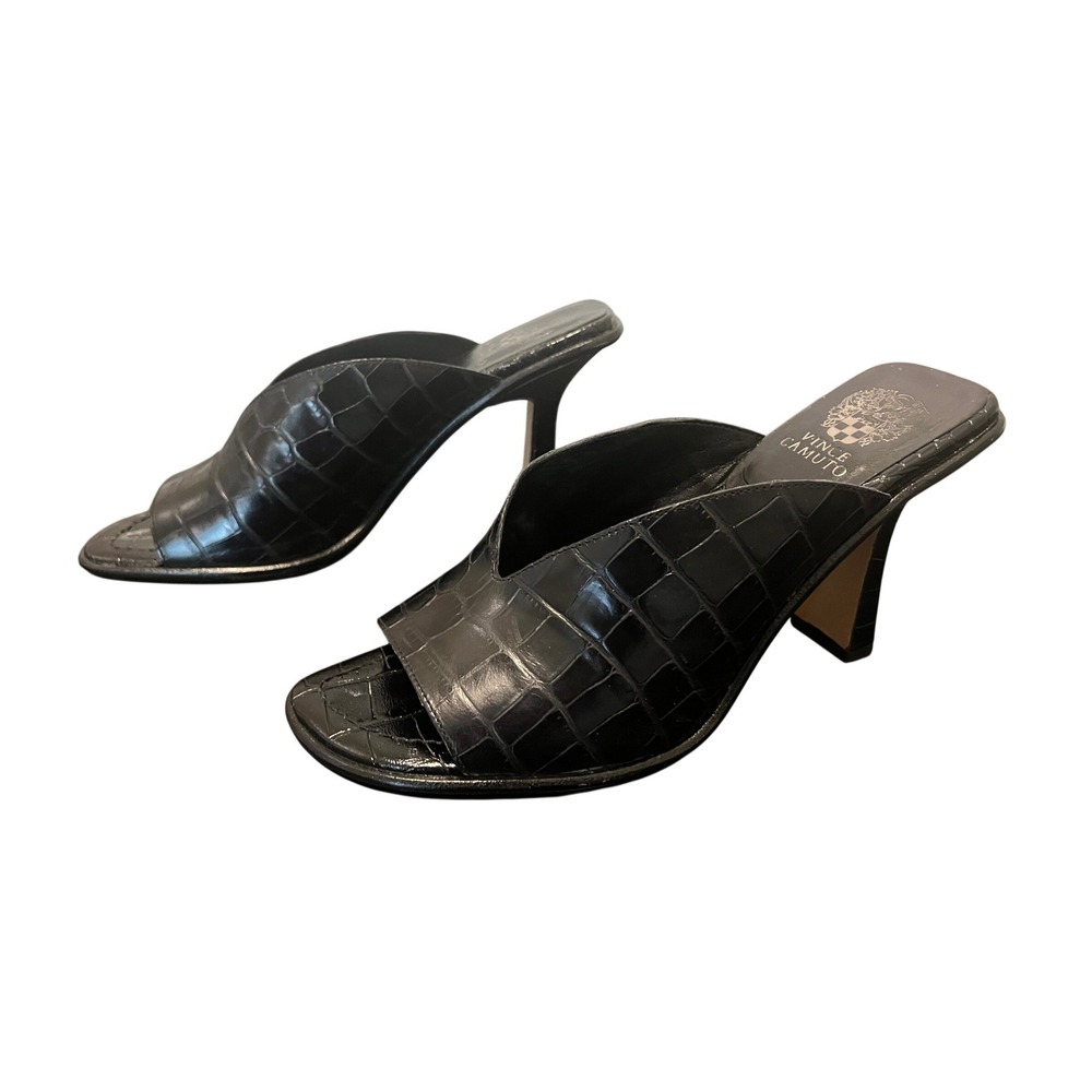 Vince Camuto Mules Women 11 Black Croc Embossed Leather Heels